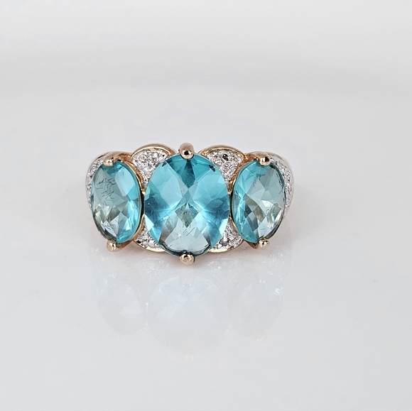 Estate Jewelry - Stunning Caribbean Tourmaline & Diamond Ring Yellow Gold Vermeil Sz 7!